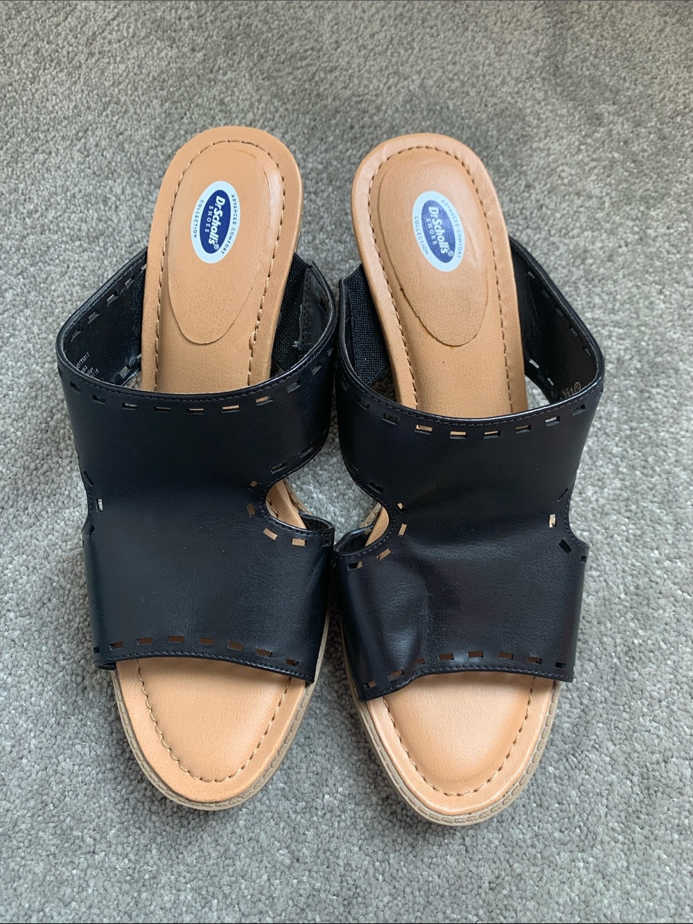 Dr. Scholl's Black and Tan Open-Toe Slide Mules